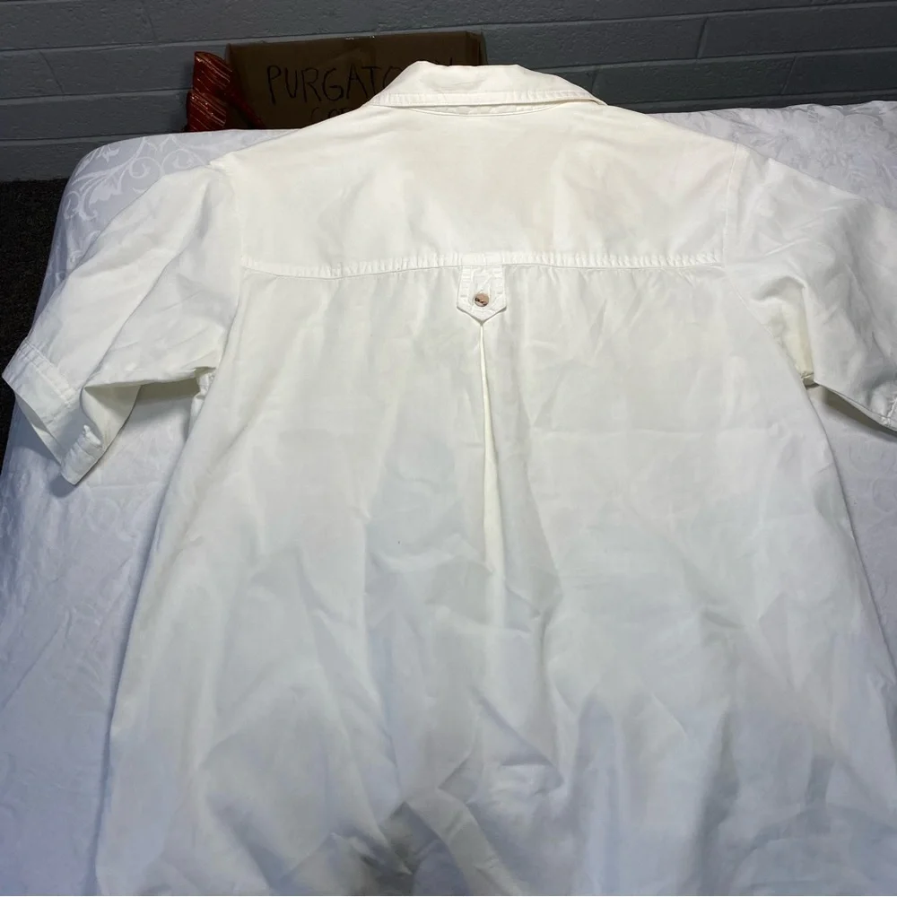 Designer Button Up Casual Cargo Dress Shirt White Short Sleeve No Show Buttons - Picture 4 of 12